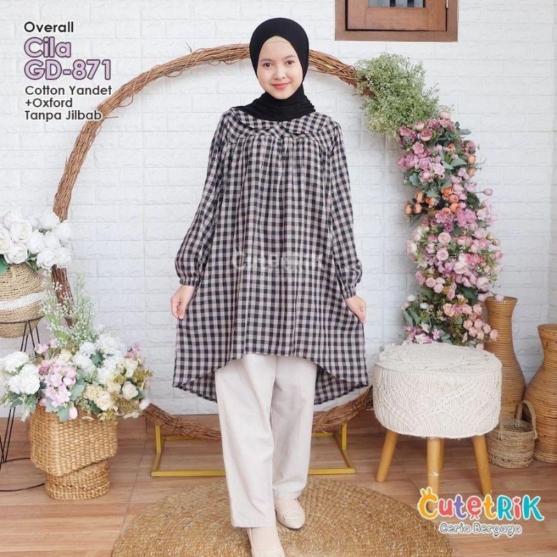 TERBARU  SET SETELAN BAJU MUSLIM HEM KOTAK HITAM PUTIH CELANA CREAM CHINOS PANJANG KULOT FASHION GAM