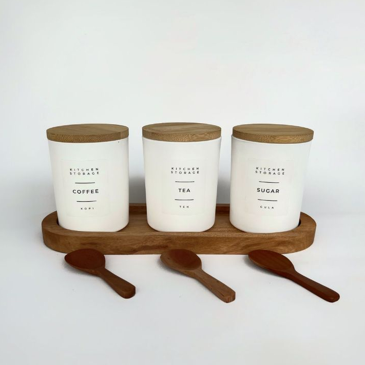 Set isi 3 Tatakan dan Tempat Bumbu Keramik tutup kayu FREE sendok kecil