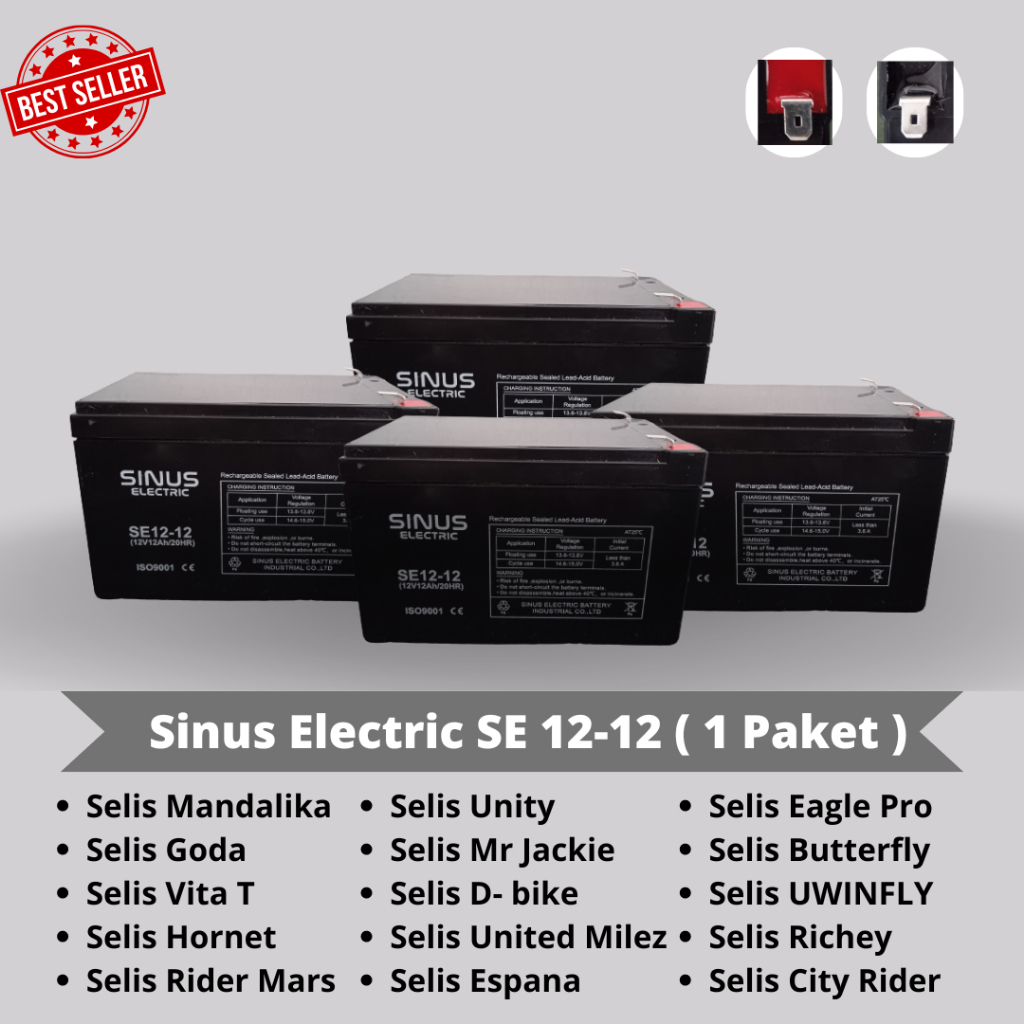 Aki sepeda listrik selis 12v 12ah SINUS aki kering selis sepaket 48v 12ah