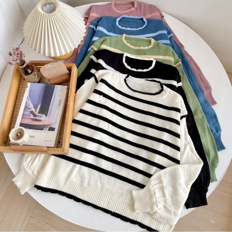 ATASAN RAJUT WANITA KATUN LENGAN BALON LENGAN PANJANG KNIT TOPS