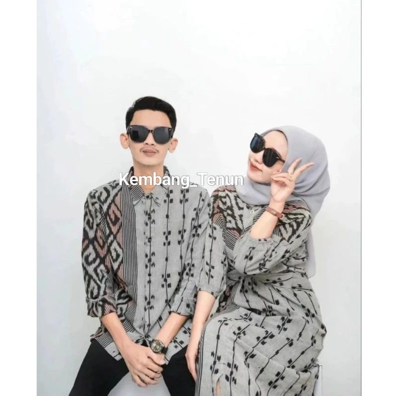Set Couple Tenun Clara Dres Abu rintik baju pasangan pria wanit kondangan prewedding guru kartinian 