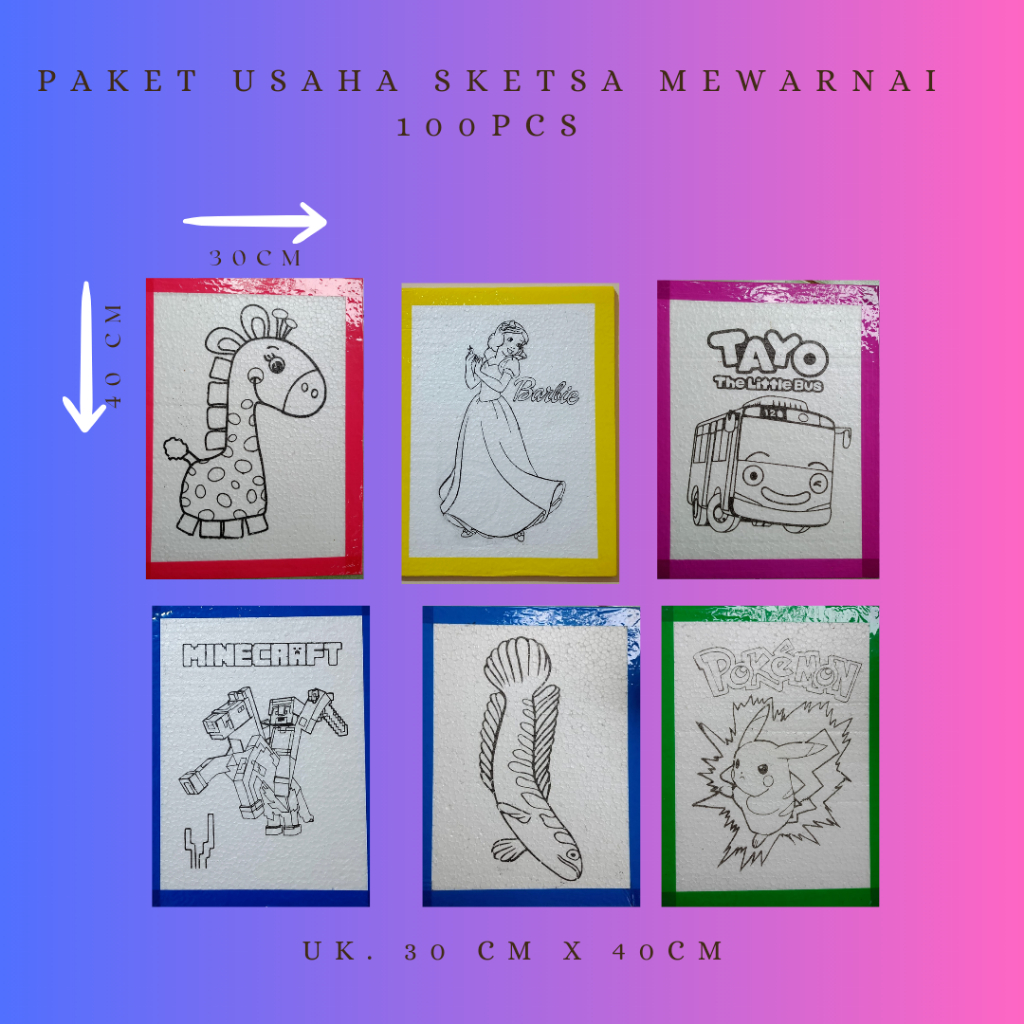 

Paket usaha 100 pcs ukuran 30 cmx 40cm Styrofoam mewarnai karakter anak/ gabus melukis/ list laakban