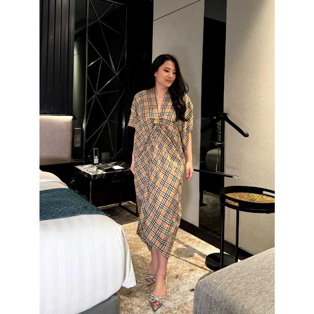 Dress Kaftan Wanita Lengan Dress Kondangan Motif Kotak