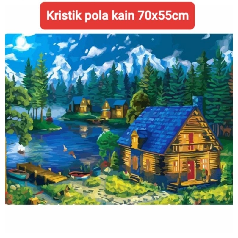 DIY cross stitch kristik paket pemandangan rumah danau gunung pola kain