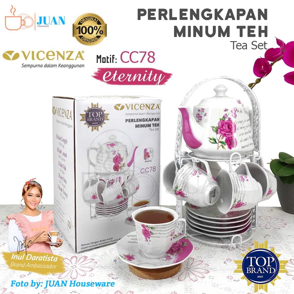 VICENZA Coffee set porcelain cangkir + teko + rak motif bunga eternity / tea set keramik / tea cup a