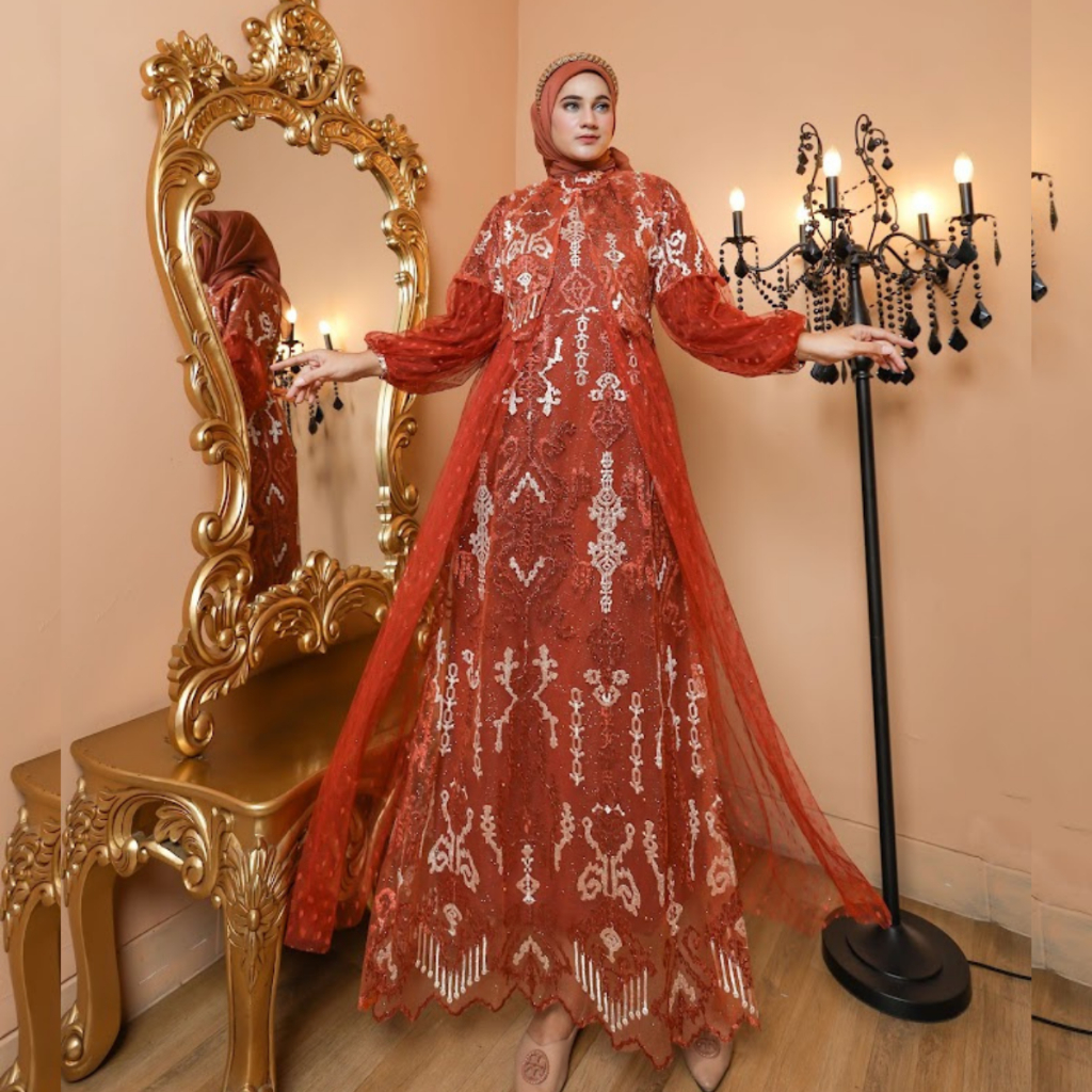 RAISHA-Gamis Brukat TAMARA Dress Kondangan Busui Friendly Full Tile Brokat Bordir Keliling Mix Tile 