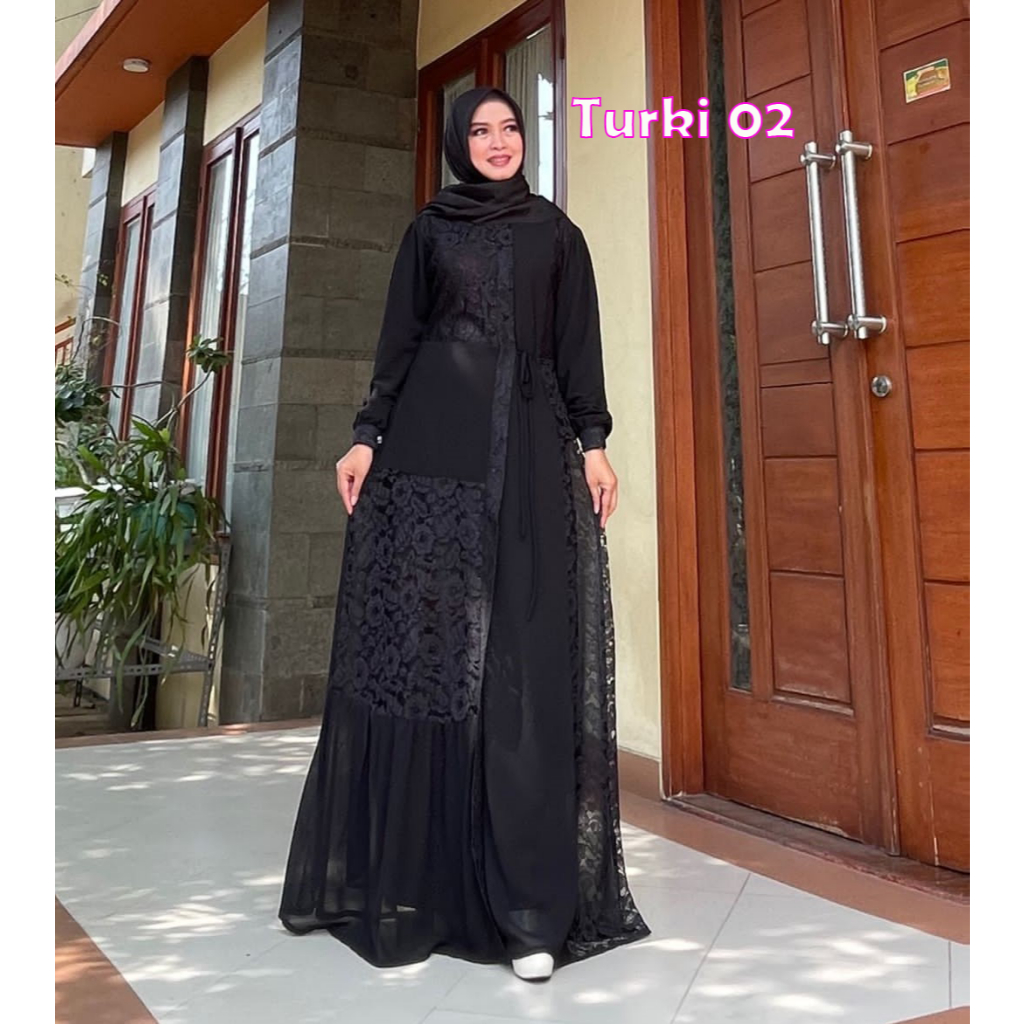 Turkey 01 Baju Gamis Wanita Hitam Bahan Jetblack Kombinasi Brokat dan Renda Terbaru Lebaran Hari Ray