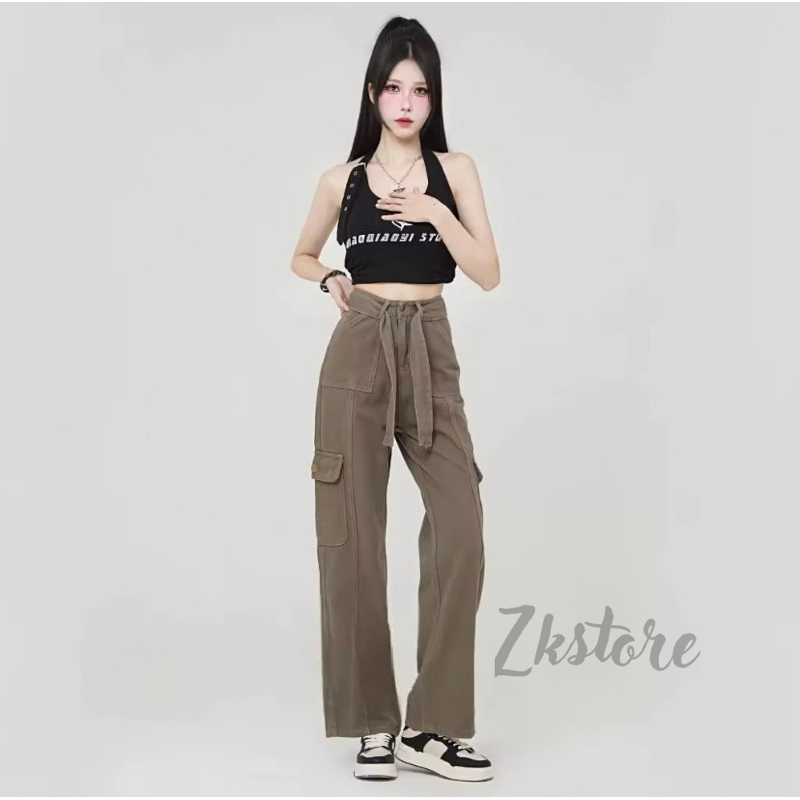 CELANA CARGO WANITA - CELANA JEANS WANITA KEKINIAN - CELANA CARGO WANITA HW PINGGANG TALI