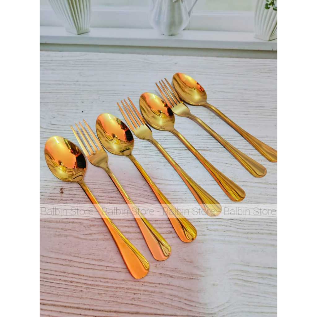 SPESIAL 12 PCS SENDOK MAKAN DAN GARPU MAKAN HOTEL FULL STAINLESS SUPER TEBAL WARNA GOLD - SENDOK RES