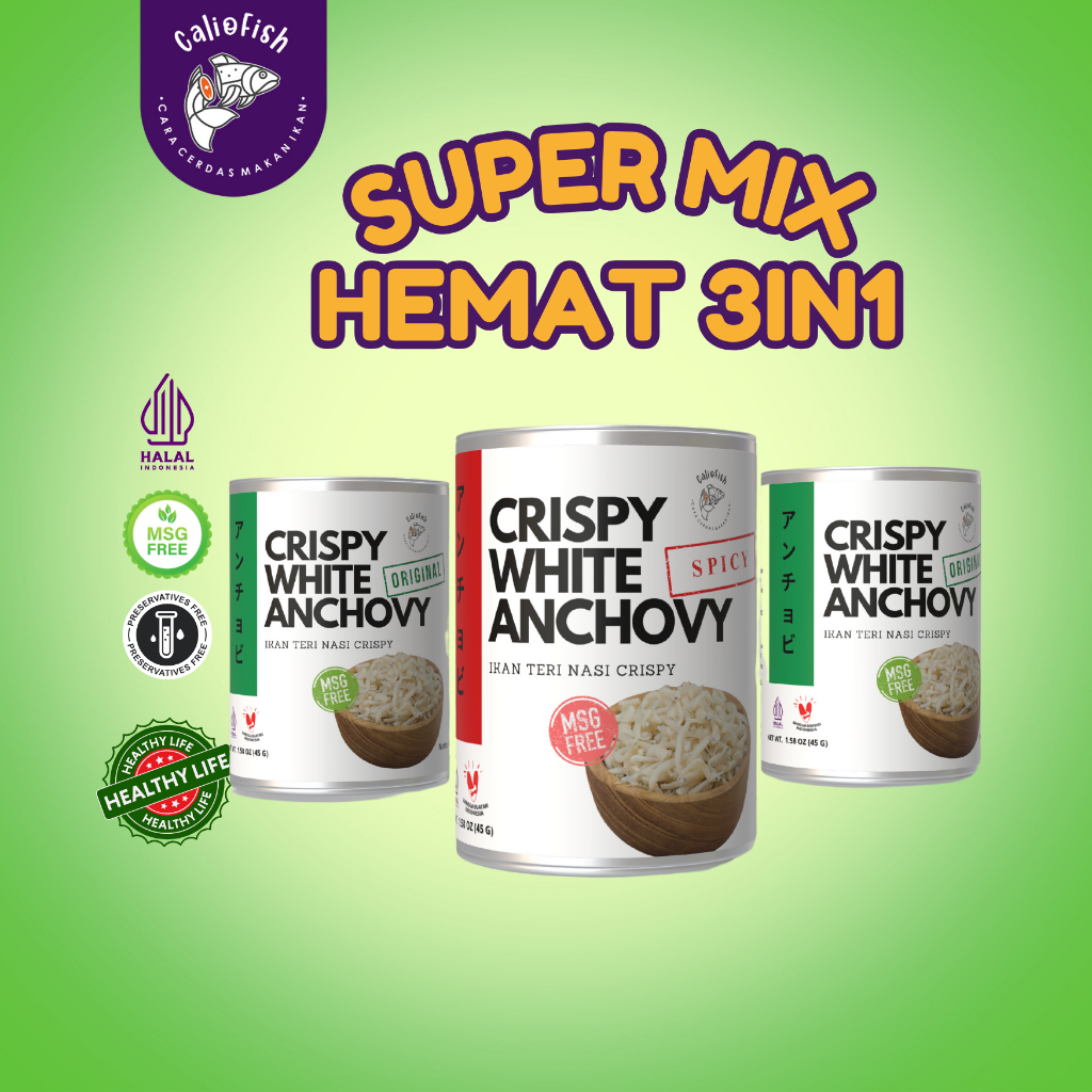 

Caliofish Paket Hemat 3in1 Crispy White Anchovy (45GR) | Ikan Teri Nasi krispi | Menu MPASI Non MSG 2 ori+1spicy