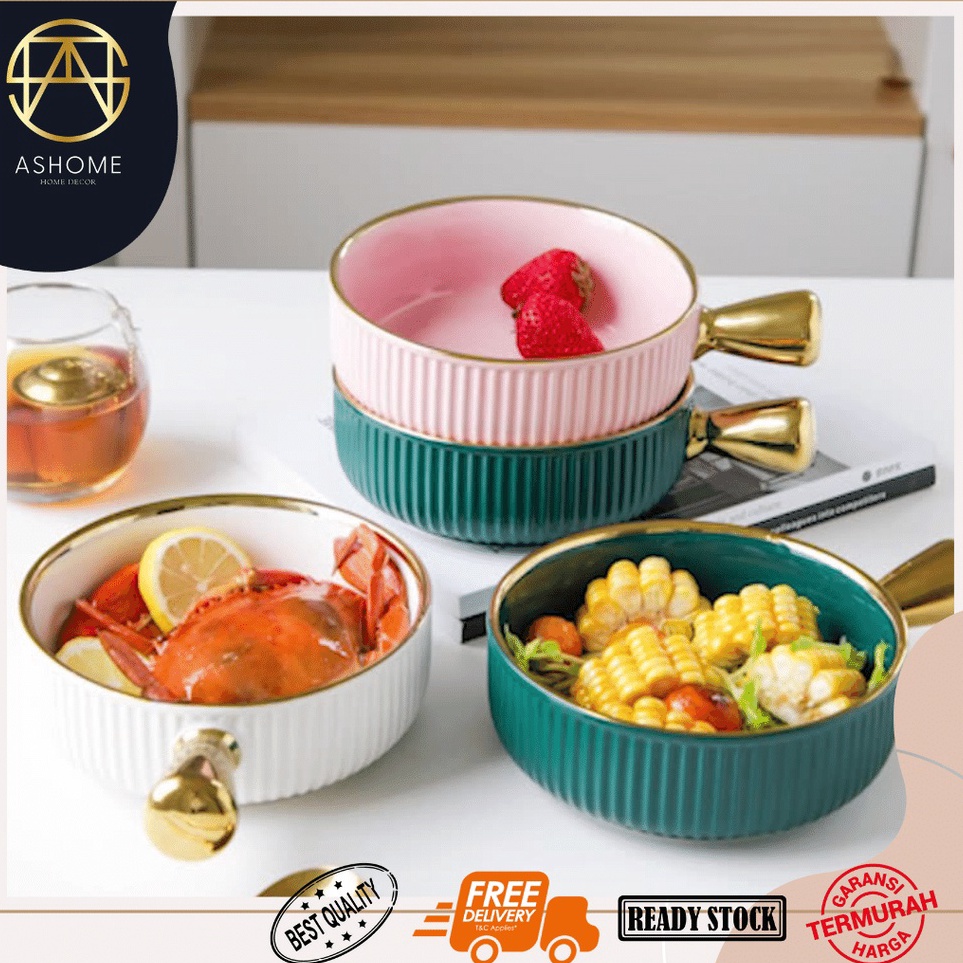 Dijual Murah ASHOME Mangkok Gagang Keramik Motif Garis Pumpkin Dengan Gagang Warna Emas  Panci Gagan