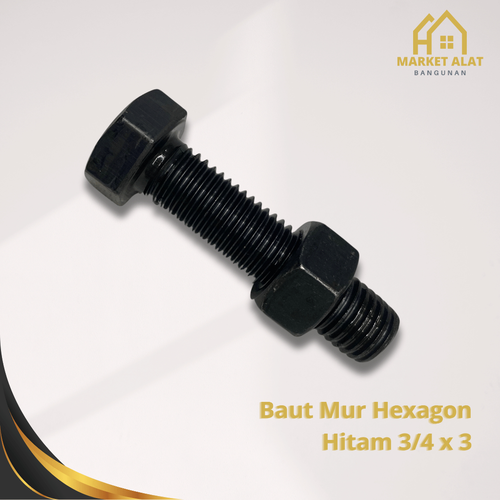 Baut Mur Hitam 3/4” x 3” / Baut Kunci 30 Panjang 7 cm 75 mm Drat Kasar Baja Hitam Hexagon