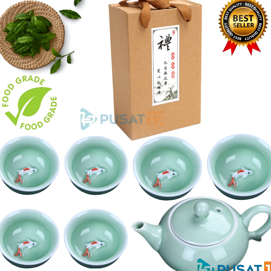 Klasik CHINESE TEA POT SET CERAMIC 6 CUP  TEKO TEH CHINA 6 CANGKIR KERAMIK SET  SOUVENIR GIFT CLASSI