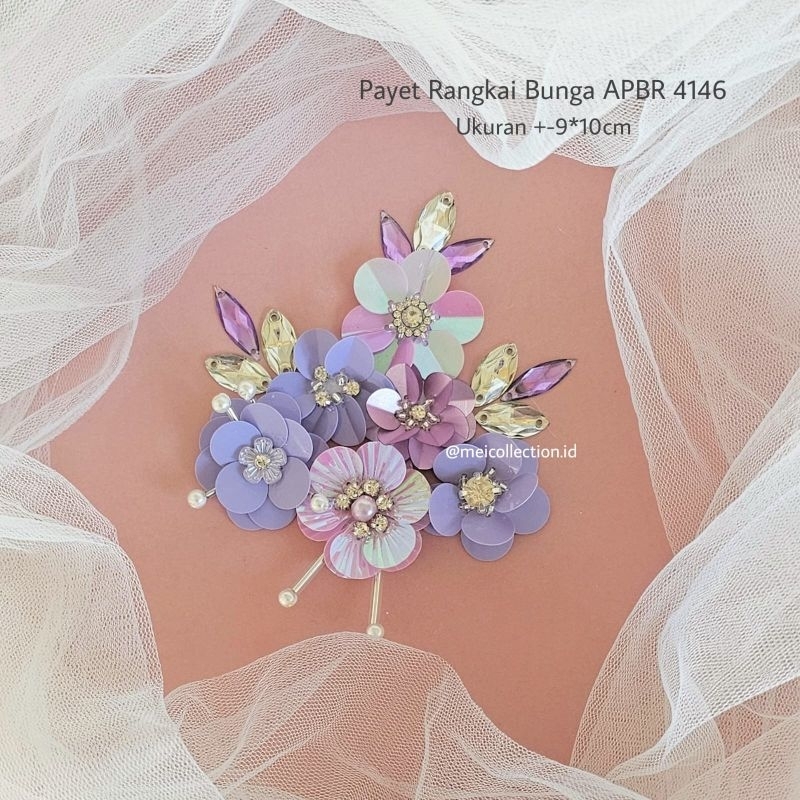 Payet rangkai bunga 3D APBR 4146 lengan bahu ungu purple kebaya bros wisuda tunangan gaun pesta