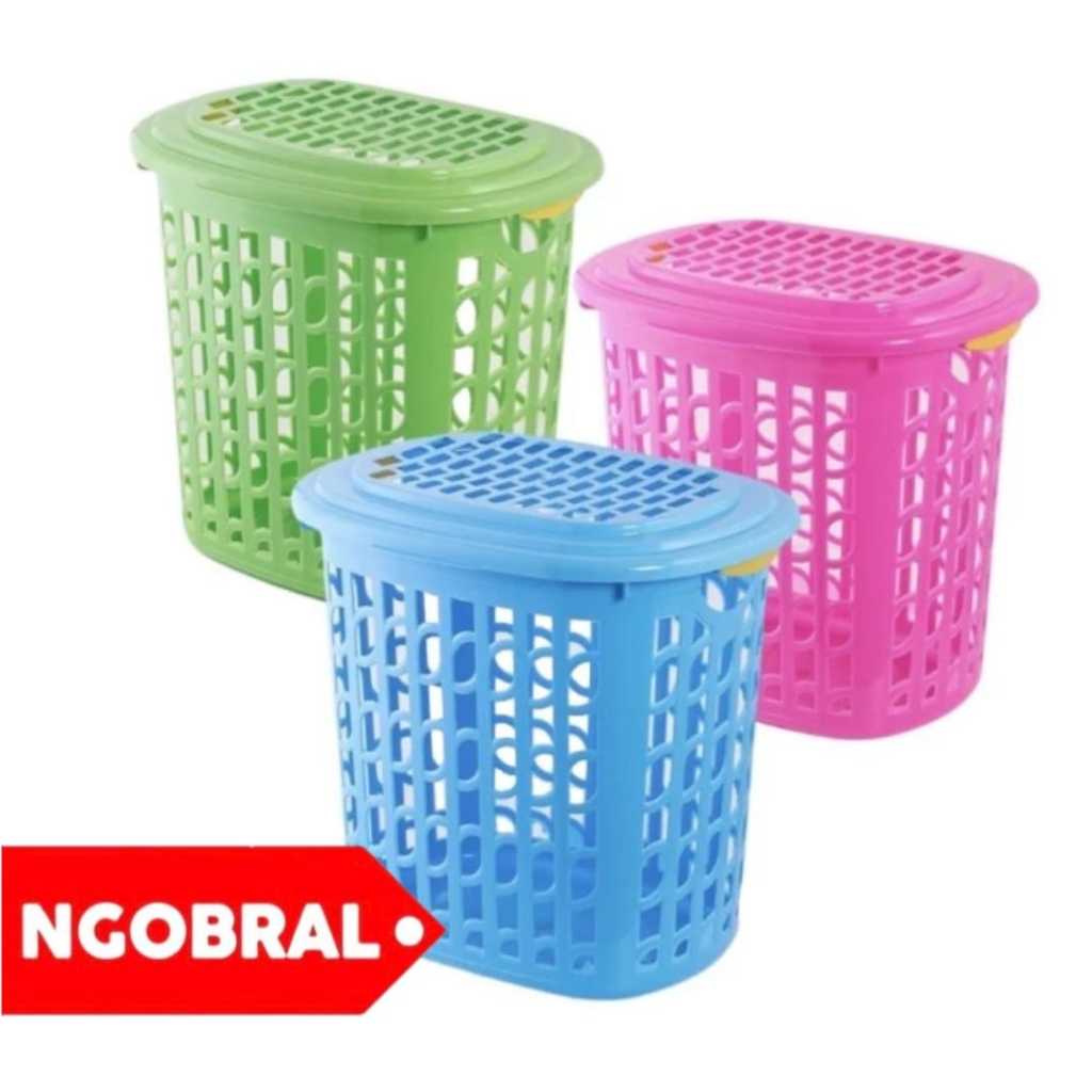 GOJEK / GRAB - Keranjang Baju Kotor Plastik TANGGUNG + Tutup / Keranjang Laundry Luxio