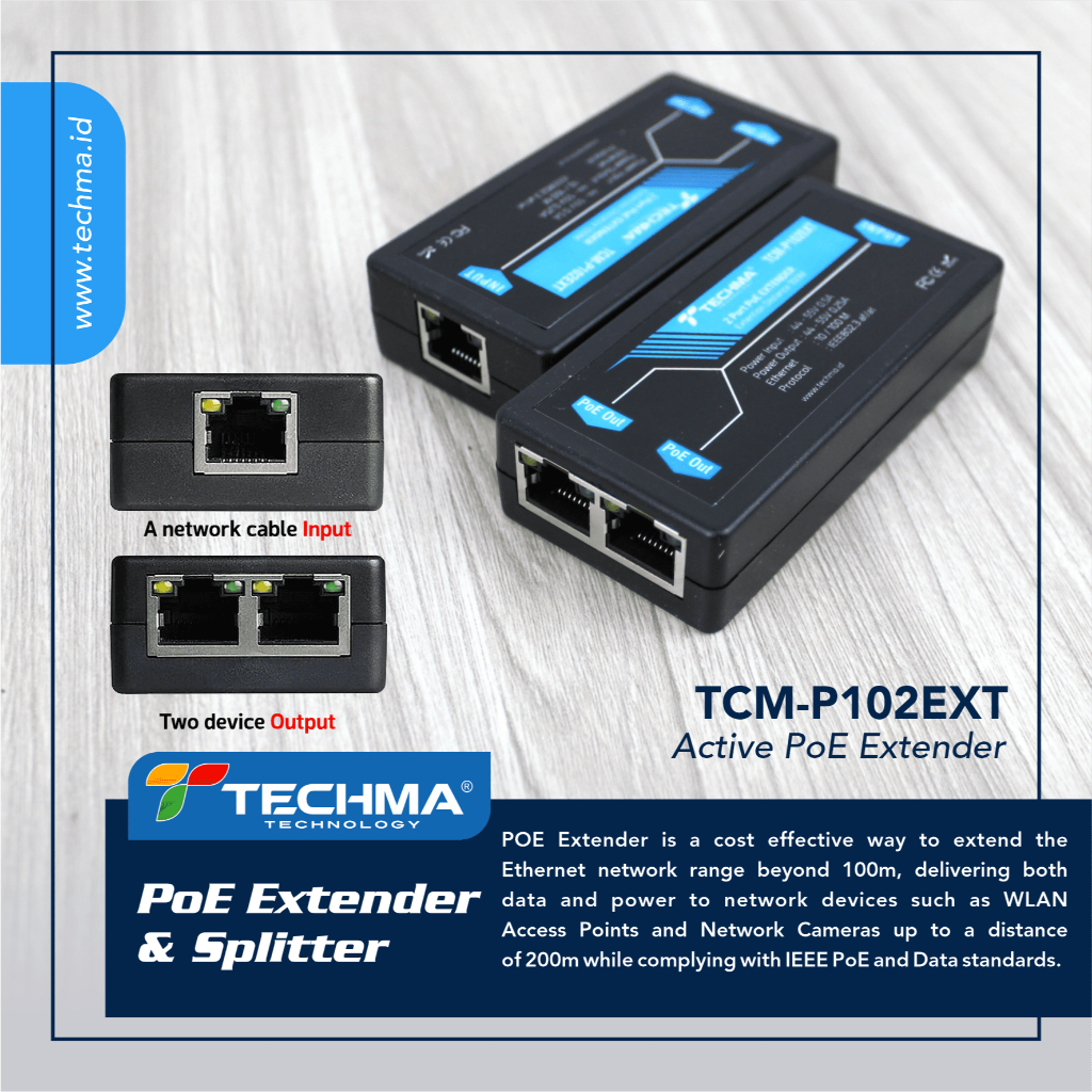 Techma 1 to 2 Aktip PoE Extender & Splitter - INDOOR 100M