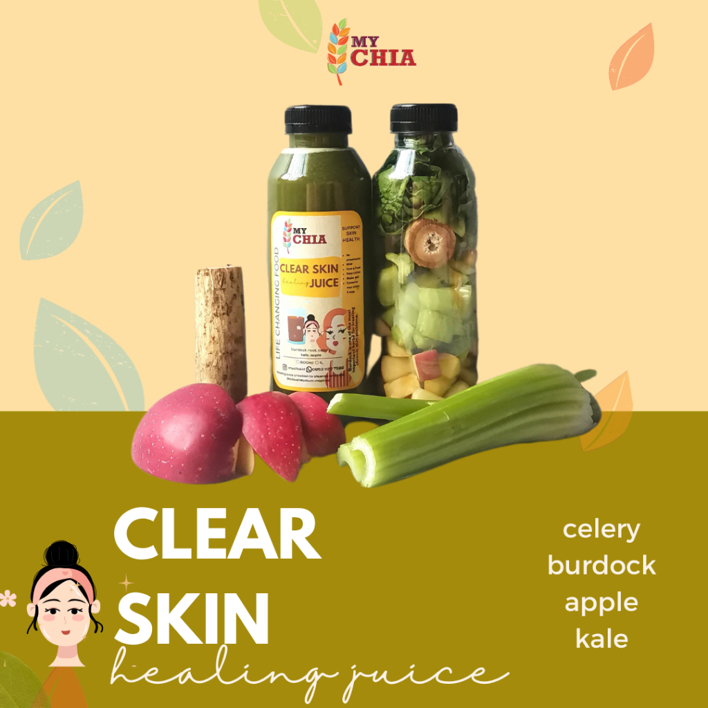 

Clear Skin Healing Juice 1 Liter Jus untuk jerawat Cold Pressed My Chia seledri burdock kale apel