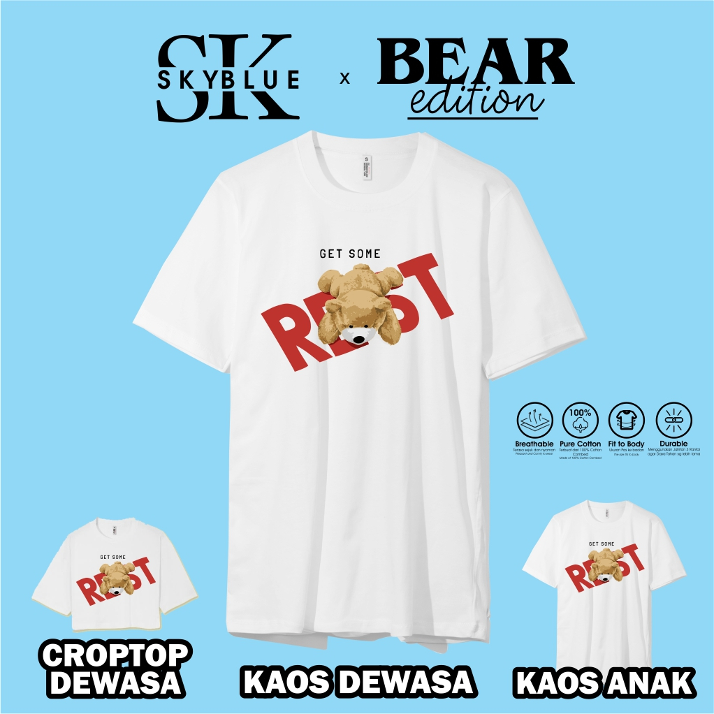OFFICIAL SKYBLUE kaos baju atasan t shirt TEDDY BEAR GET SOME REST combed 30s oversize croptop cowok