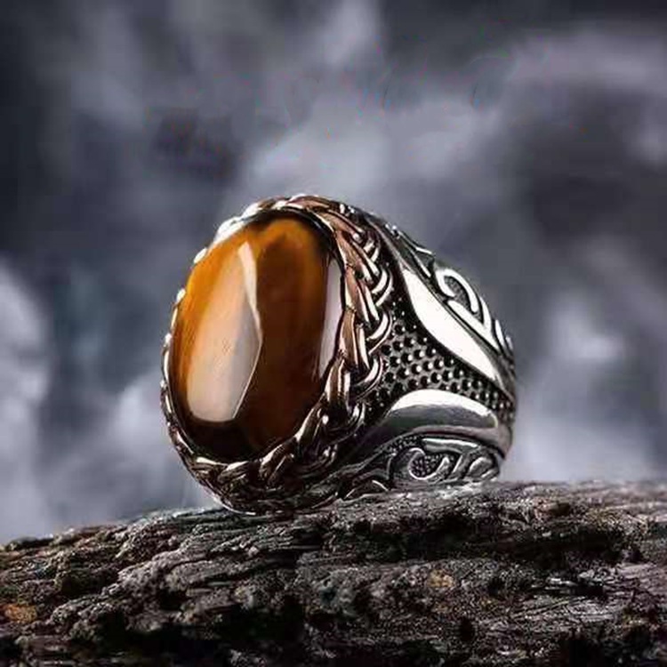 Cincin Batu Mata Harimau Kuning - Yellow Tiger Stone Braided Striped Rings For Men / Cincin Pria Sil