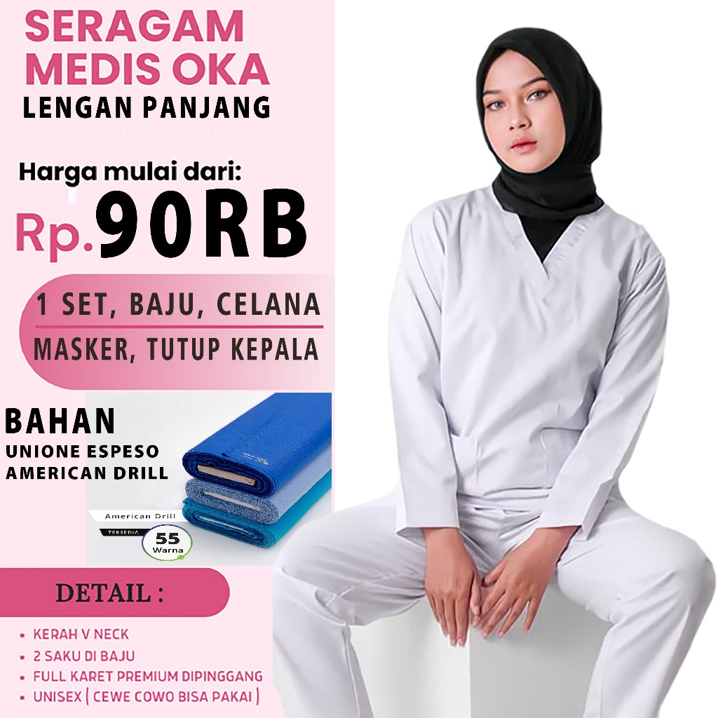 baju oka baju jaga seragam perawat medis lengan panjang