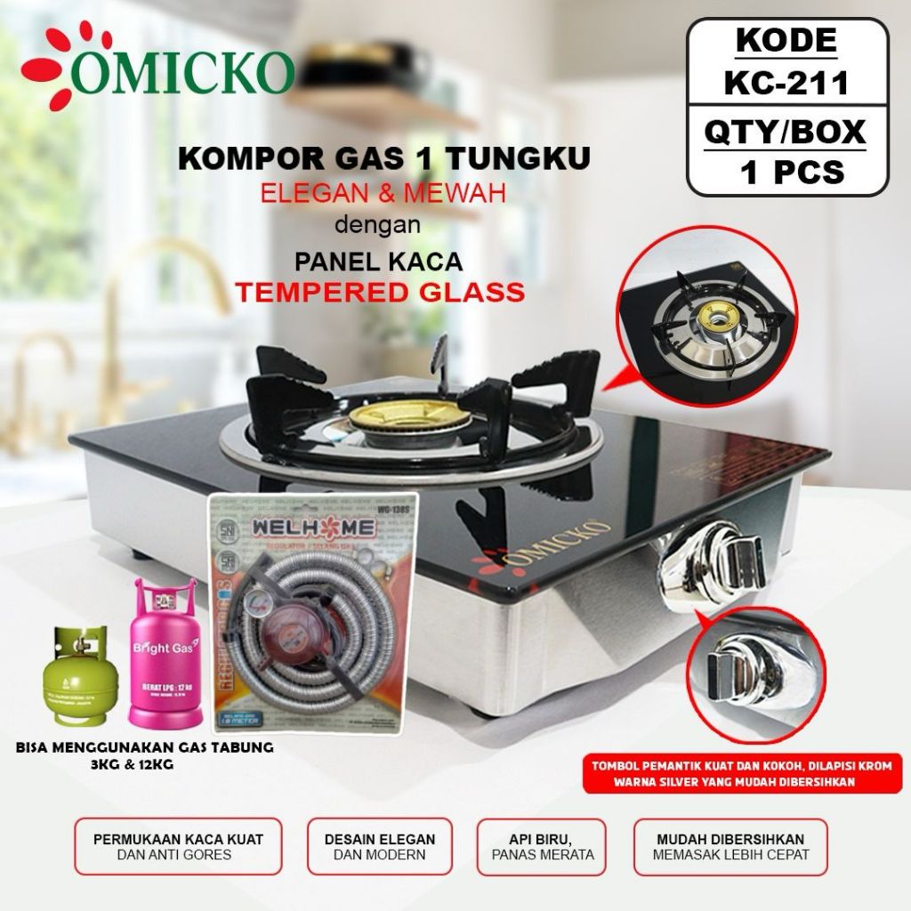 Kompor GAS OMICKO /Kompor 1 tungku kaca/Kompor Gas 1 Tungku Tempered Glass Original