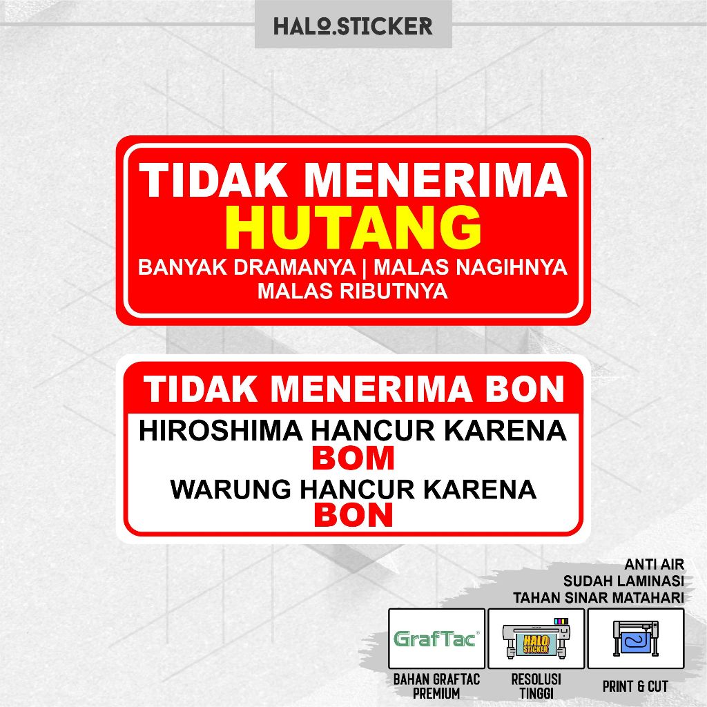 

Stiker Dilarang Hutang | Stiker Dilarang Bon | Anti Air Waterproof