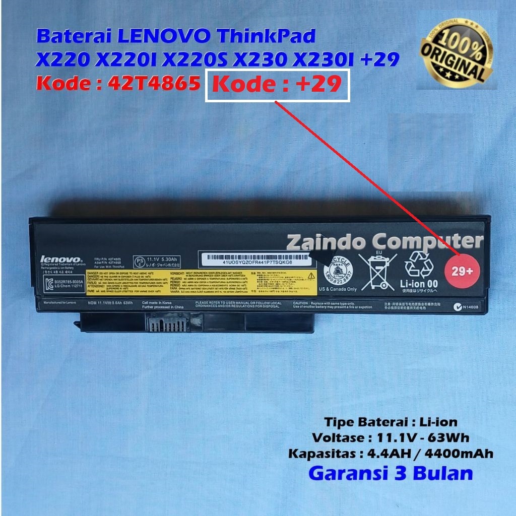 ORIGINAL BATERAI LENOVO X220 X220I X220S X230 X230I +29 / 29+ Kode 42T4865 garansi 3 bulan