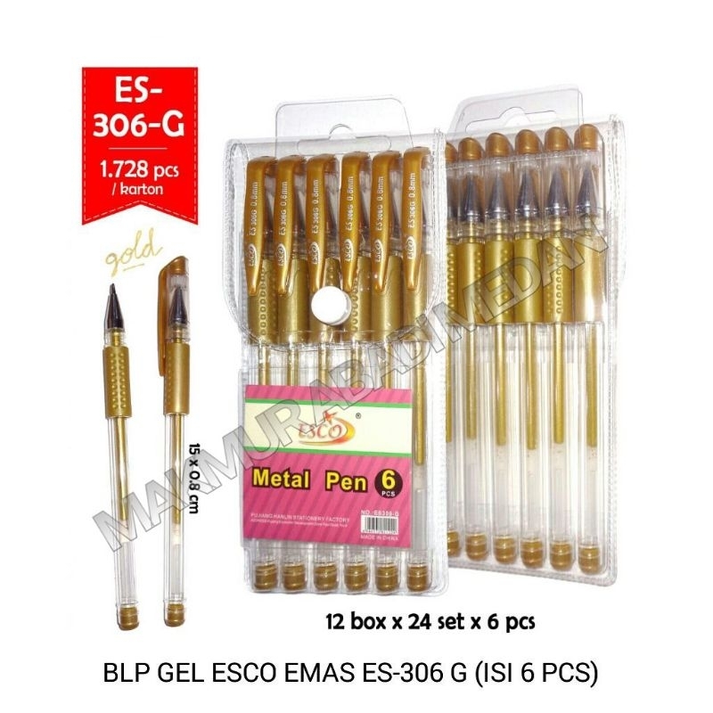 

(1Set:6Pcs) Pulpen Gel ESCO Emas ES-306G 0.8mm / Ballpoint Emas / Metal Pen 1 Set Isi 6 pcs / Pulpen Tinta Emas / Pulpen Gel Warna Emas / Bolpoin Emas / Pulpen Gel Emas