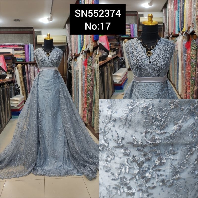 kain Tile Brokat Bunga Kecil Payet Piring SN552374 No:17 Biru Semen