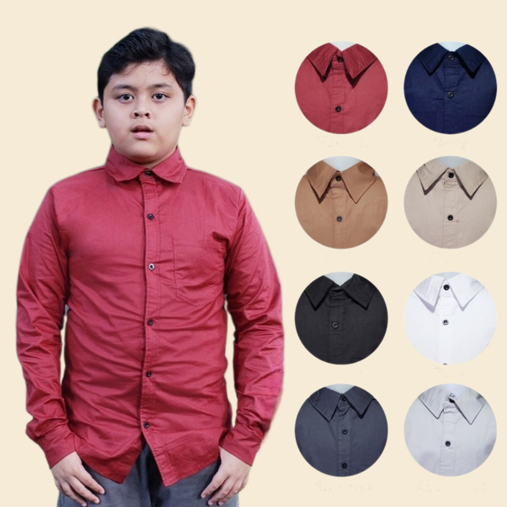 Baju Hem Anak Cowok Umur 8-13 Tahun Lengan Panjang Polos Katun Strech
