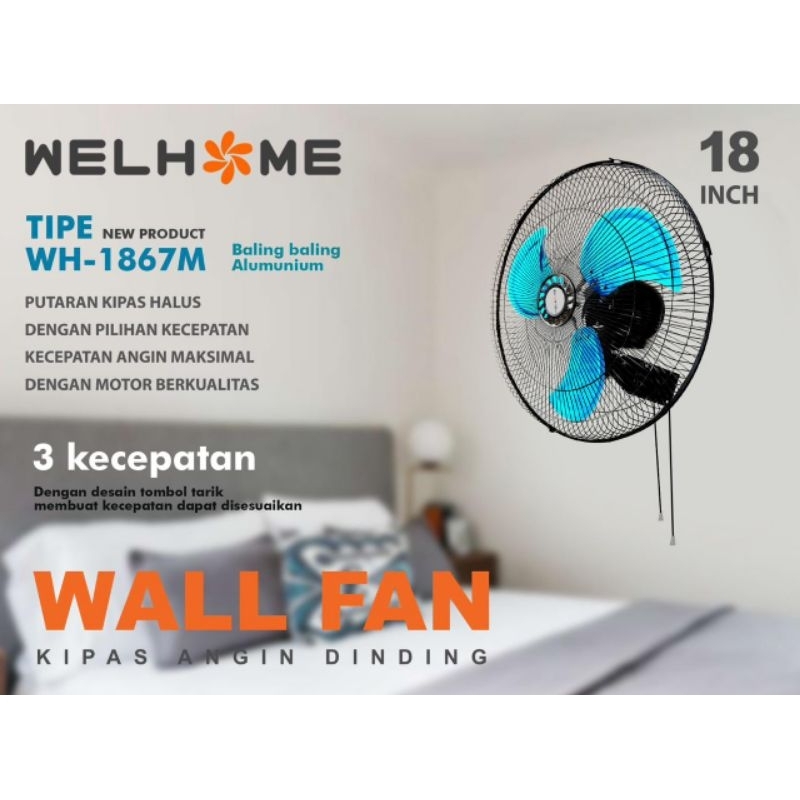Welhome kipas angin dinding besi 18 inch/wall fan Welhome besi 18 inch