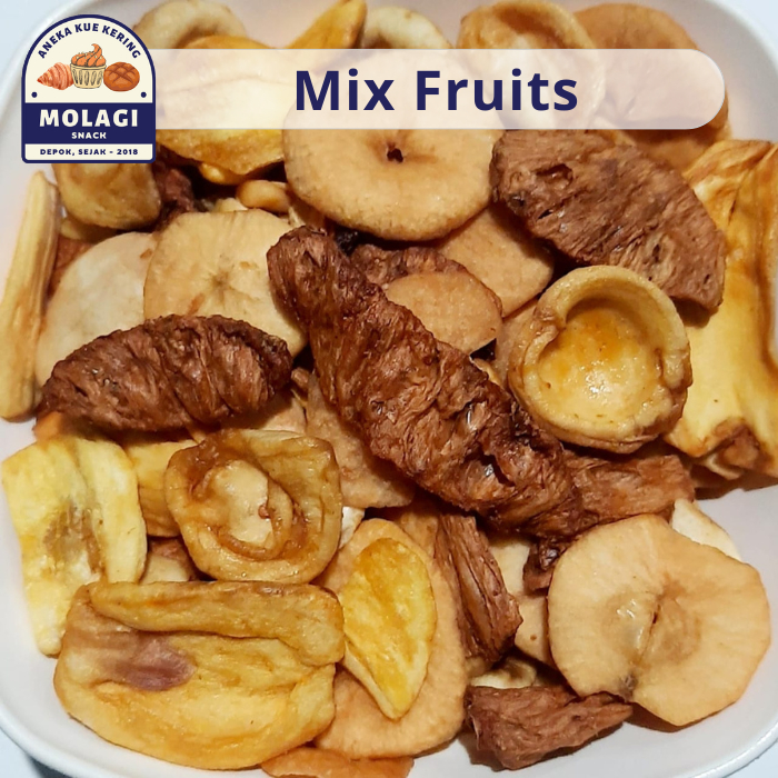 

Mix Fruits / Keripik Buah Campur Apel, Nangka, Salak, Nanas 100 Gram - Molagi Snack