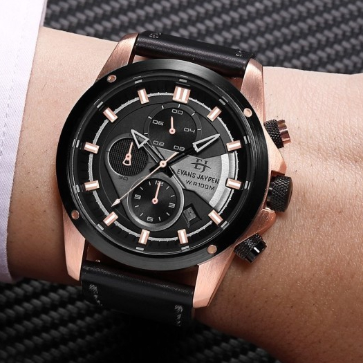 Terbaru Jam Tangan Pria Evans Jayden JJ9589 Original Tali Kulit Analog Chrono Aktif Jam Cowok Water 