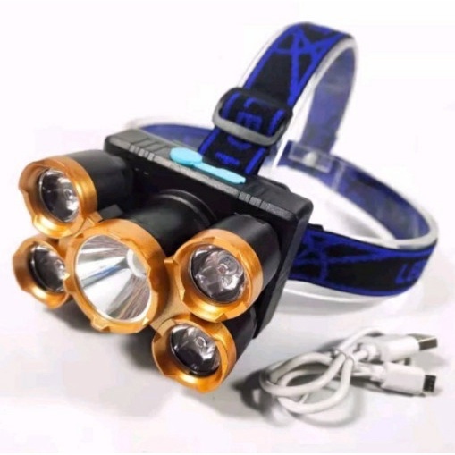 Lampu Senter Kepala Mini 5 LED / Lampu Senter Cas casan USB / Lampu Hiking