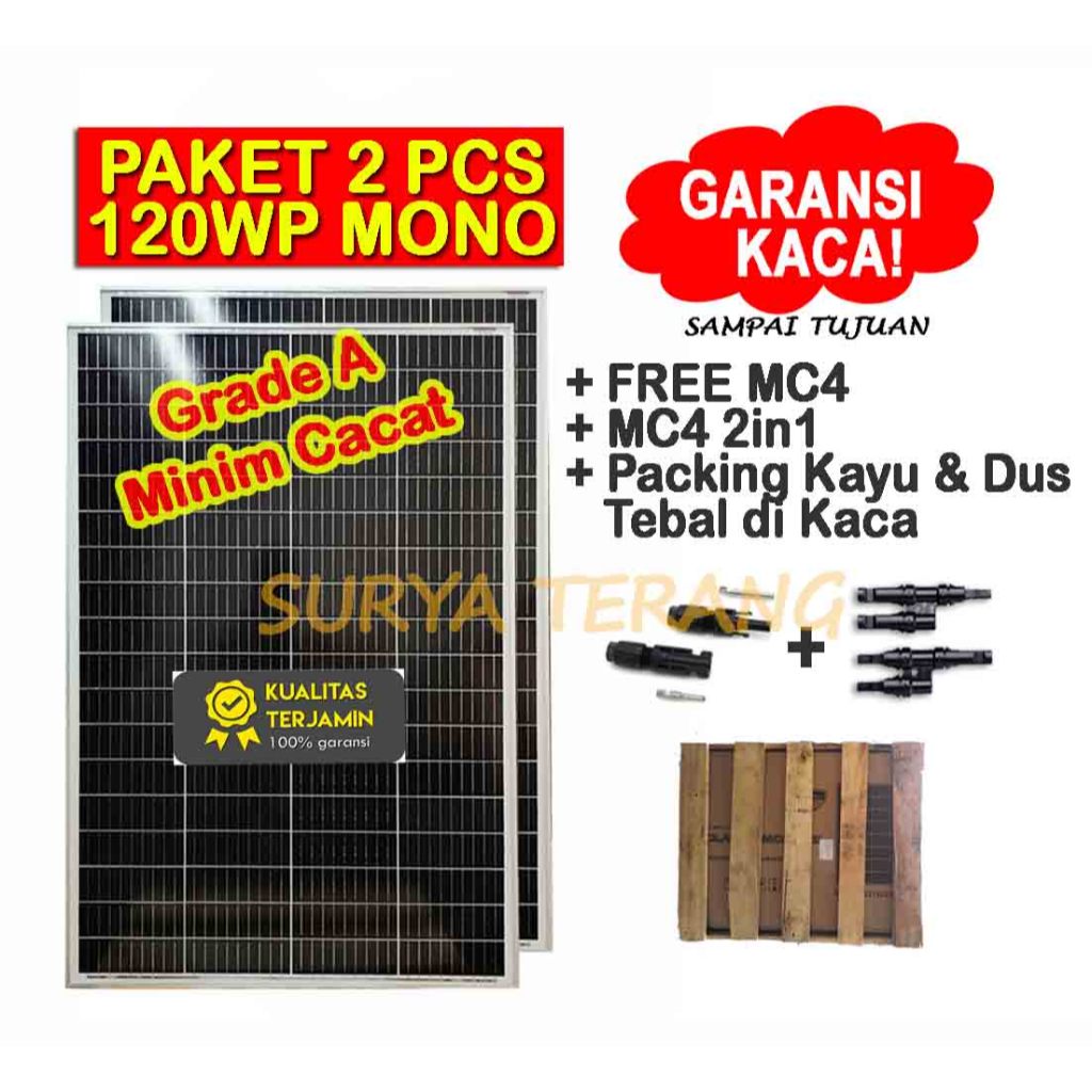 Paket 2pcs Solar Panel Surya 120wp Mono dan MC4 Lengkap FREE Packing Kayu