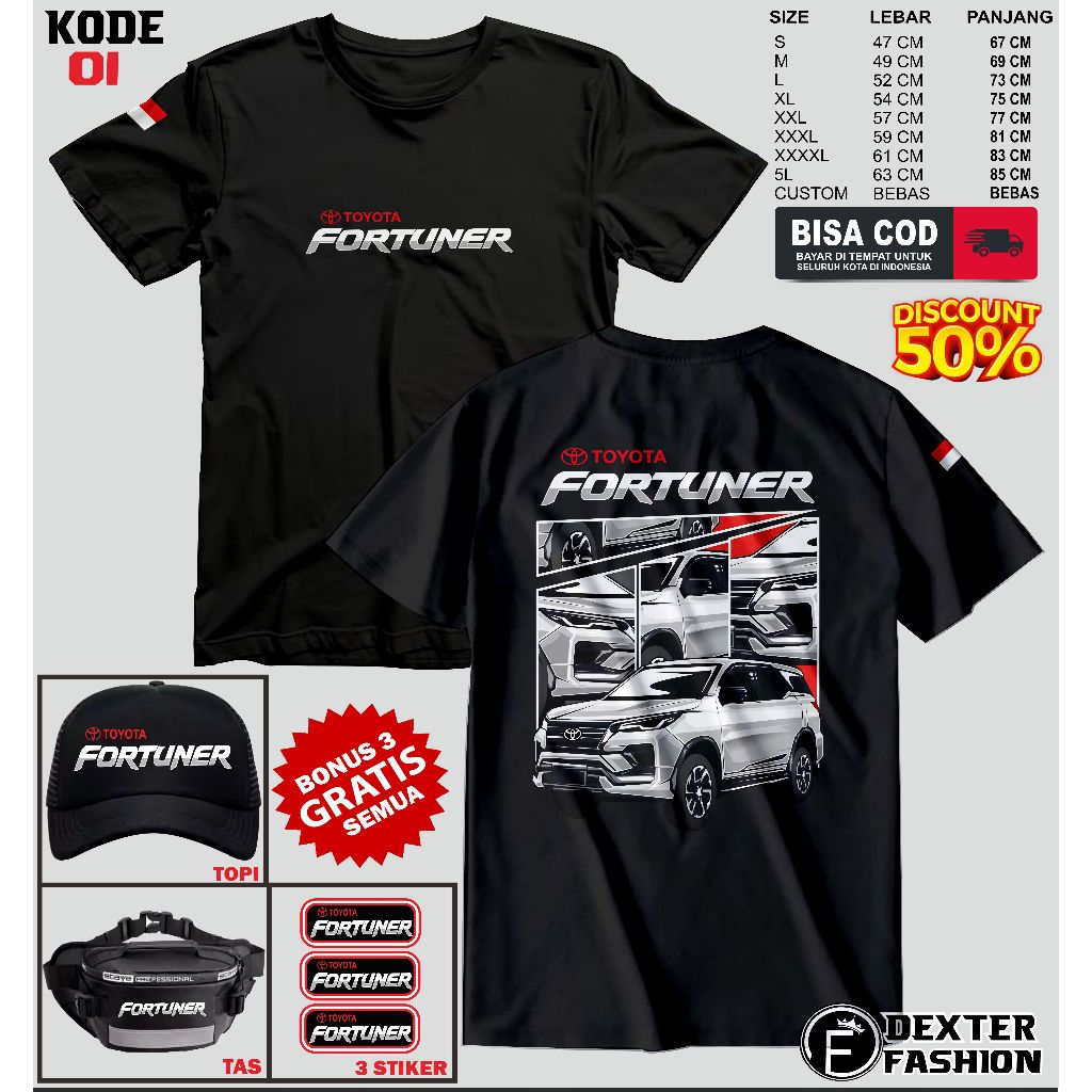 KAOS FORTUNER DAPAT TAS FORTUNER + TOPI FORTUNER  + STIKER FORTUNER BAJU FORTUNER NEW | DEXTER FASHI