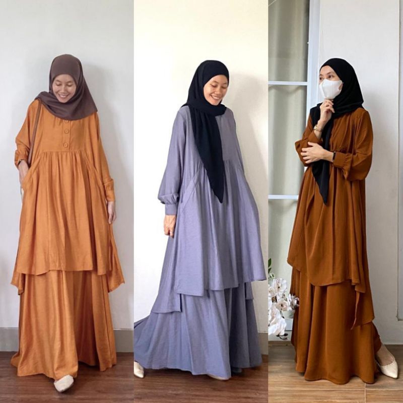 BASMA SET || Set Long Tunik & Rok Mayung Katun Pololinen Premium dan CEY CRINKLE