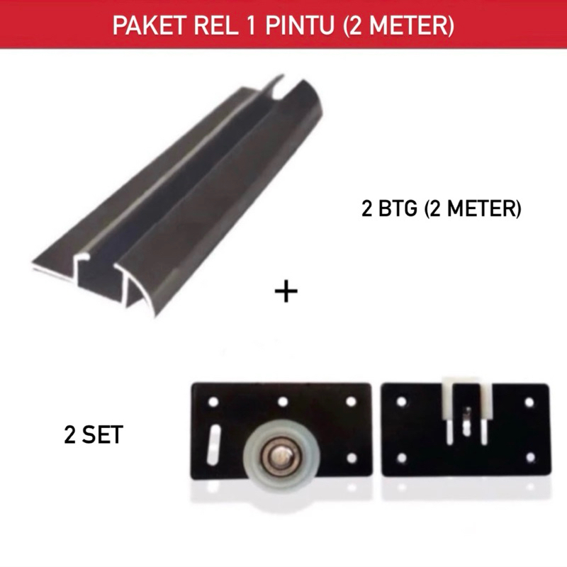 (1 Pintu+2 Meter) Paket 2 Rel Lemari Sliding Timbul 380 Lenaga 2 Meter + 2 Set Roda SD 380 Pintu Lem