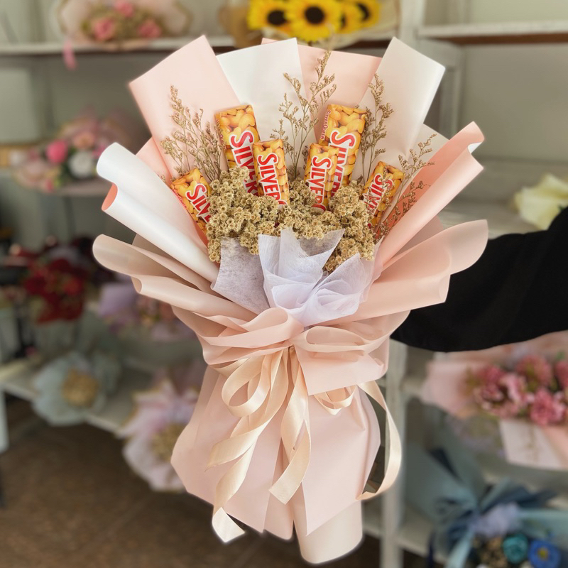 Buket bunga coklat edeweis bunga kering mix silverqueen Buket Bunga palsu ukuran Besar | Flower Bouq