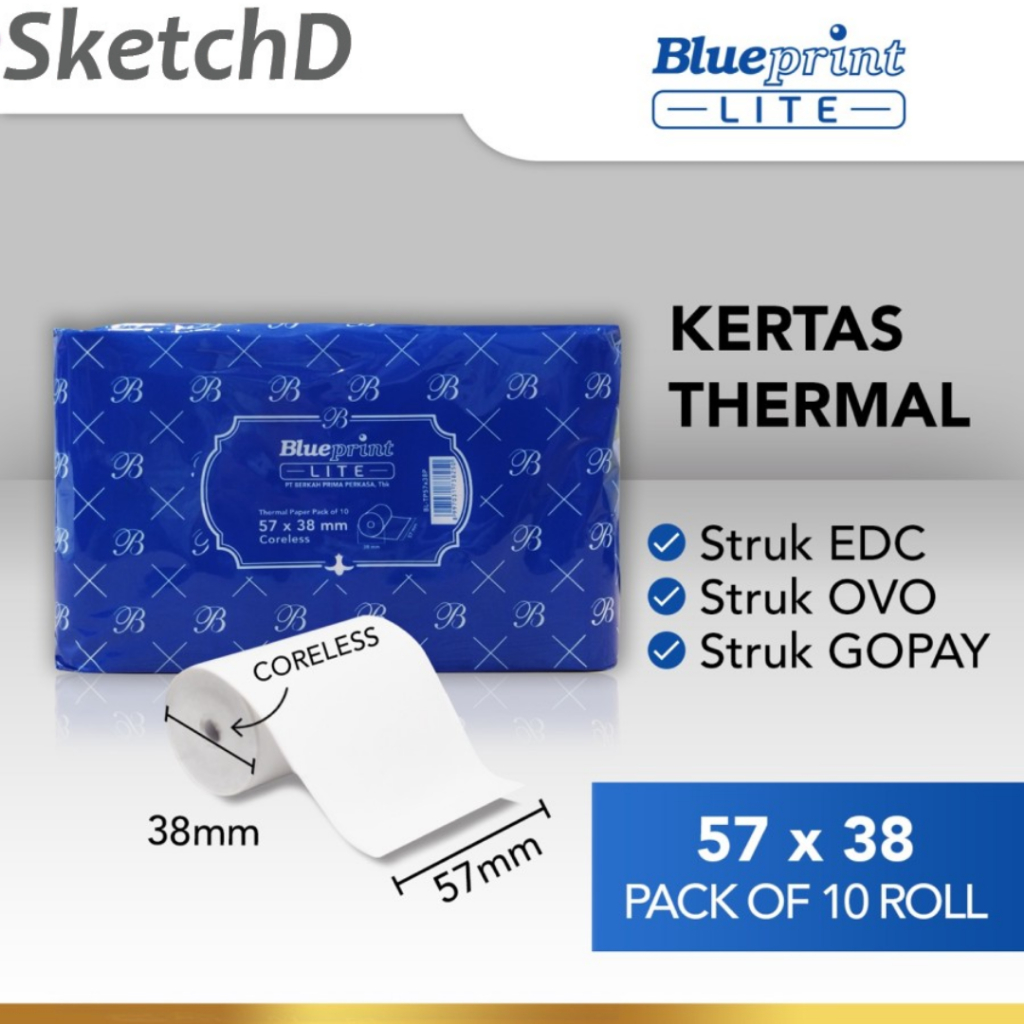 

Kertas Struk Printer Kasir Thermal Paper Lite 57 x 38 Blueprint isi 10 roll untuk printer 58