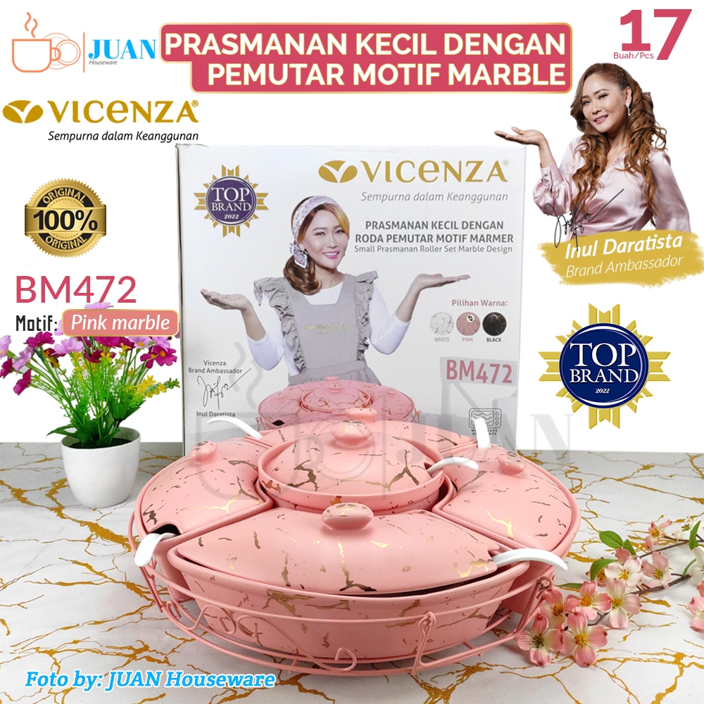 VICENZA 17pcs wadah saji bulat kecil keramik motif pink marble + rak pemutar / prasmanan putar keram
