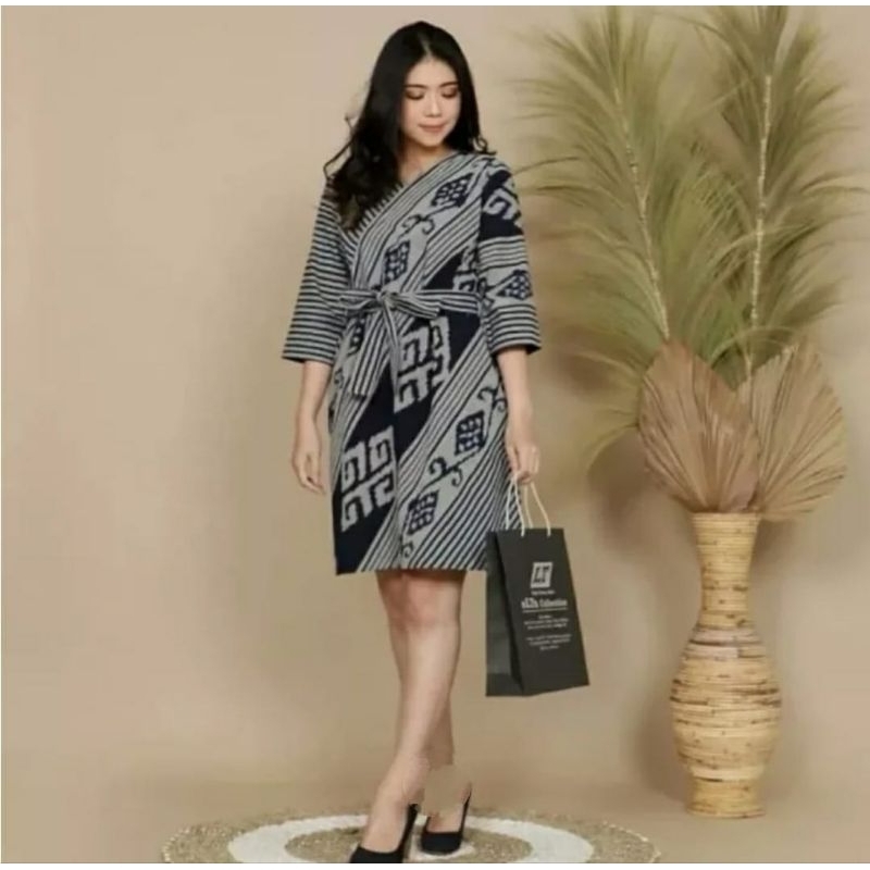 Elma dress - dress tenun modern model A line buat santai kerja acara resmi kantoran kondangan seraga