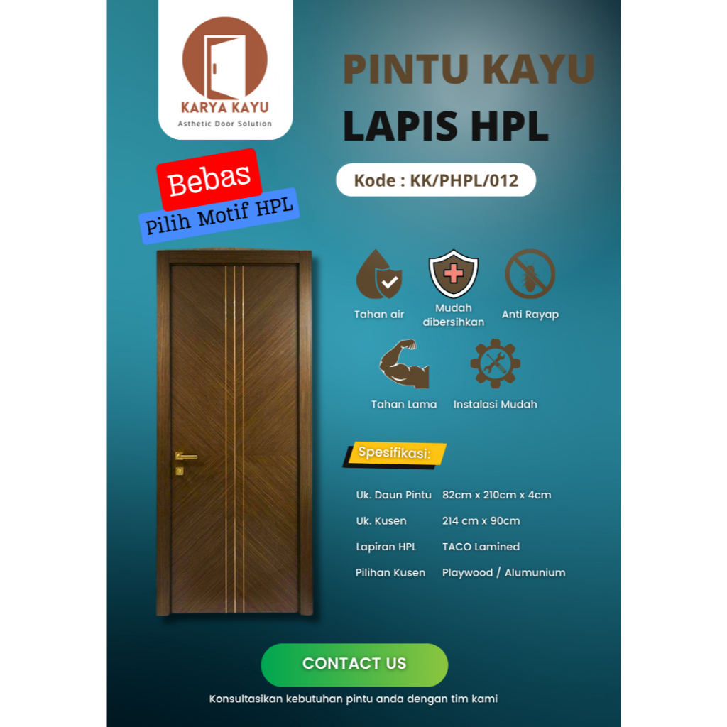 NEW Pintu HPL TACO + Kusen Kayu Desain Mewah List Emas Anti Rayap, Kuat, dan Mudah dibersihkan