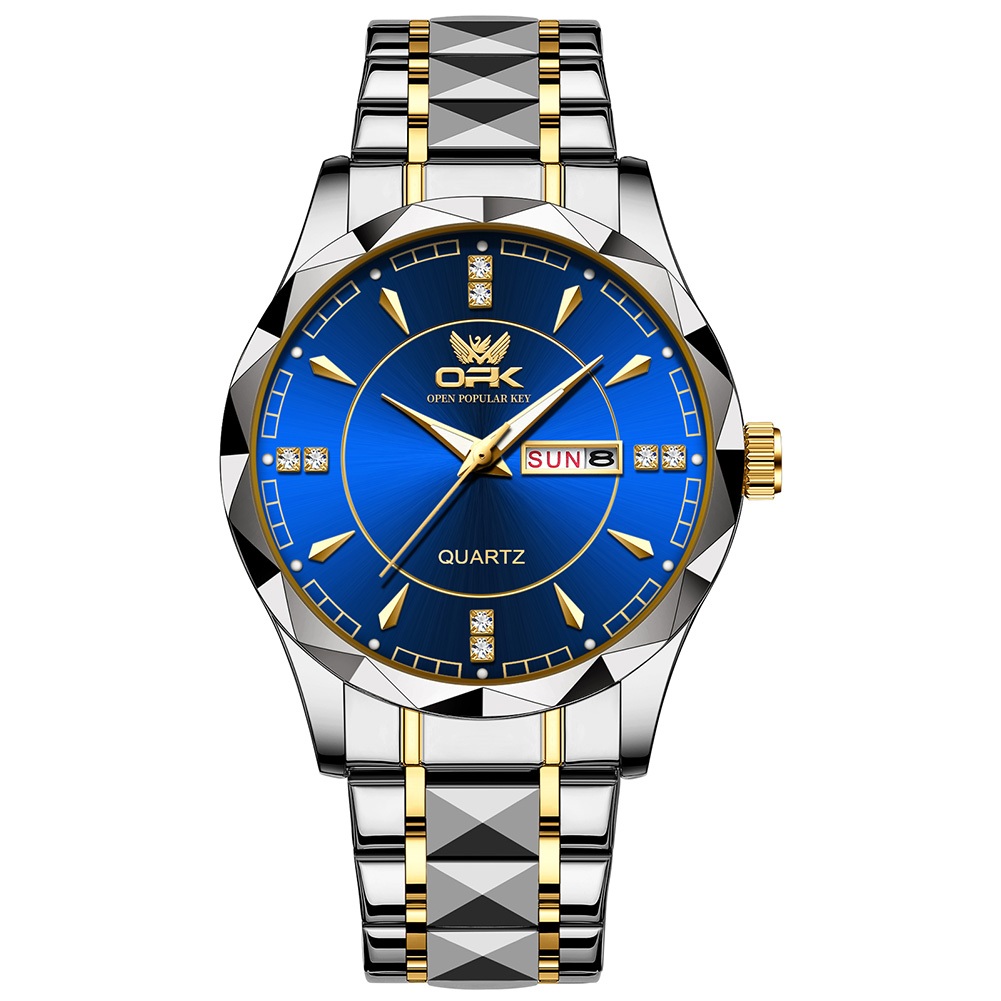 OPK Jam Tangan Pria Anti Air Original Cowok Terbaru 2024 Kalender Waterproof Stainless Steel Fashion Men Watch Model 8151-Biru