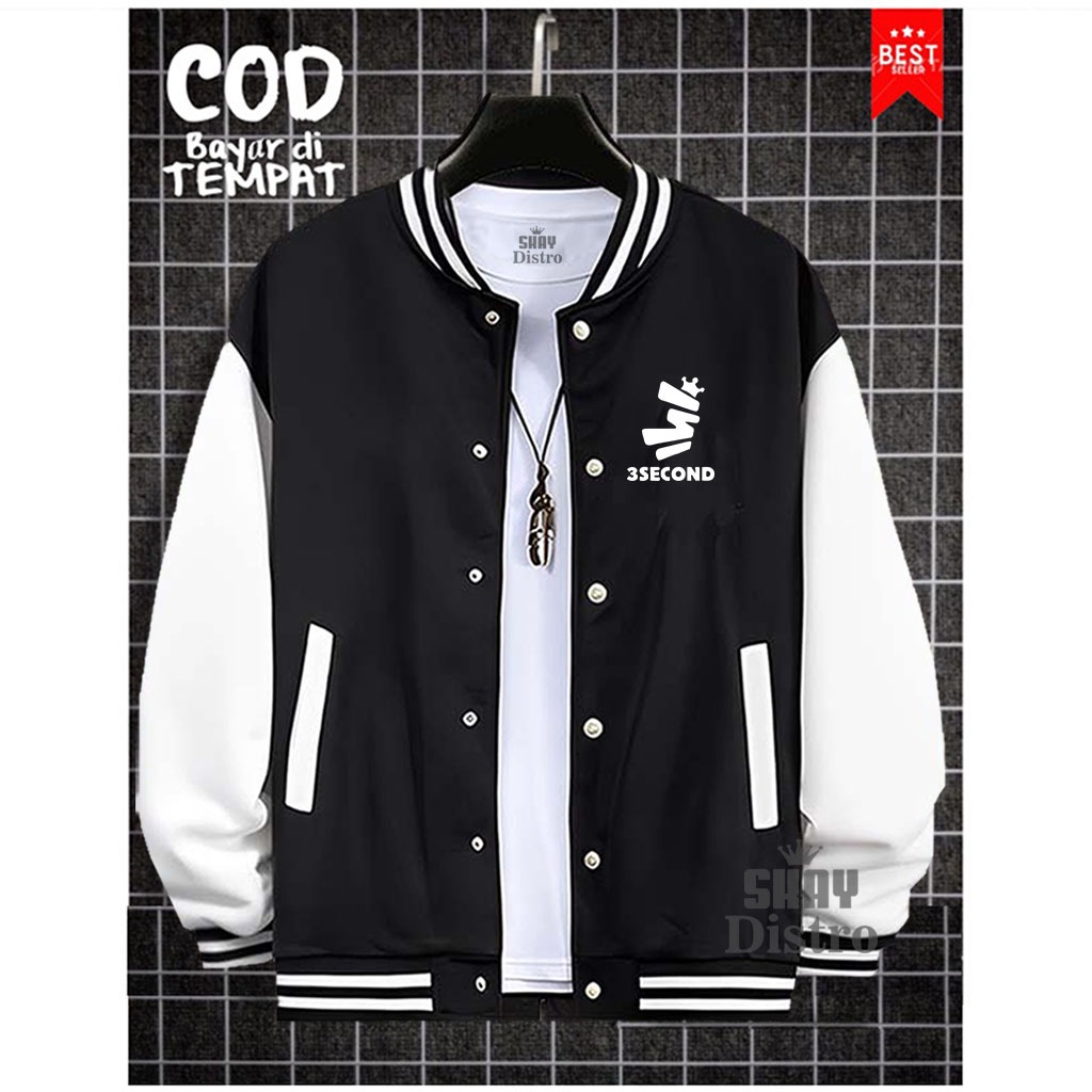 COD Jaket Baseball Kancing Jaket 3second Text Putih Varsity Baseball Logo Quality Silver Ready Banya
