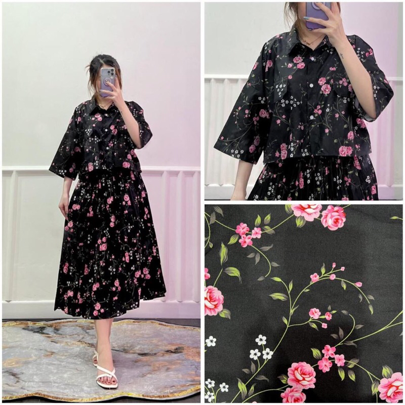 One Set Fuji / One Set Clara Kemeja Crop & Rok Midi Plisket