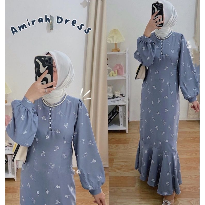 Outfit Dress + Hijab segita putih Dress Korea Style motif bunga