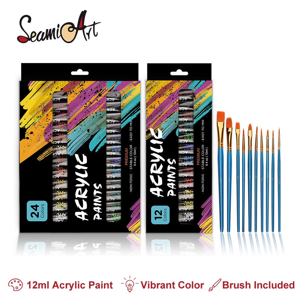

ART I6C4 SeamiArt 12 24color Acrylic Paint Set 12ml Tube Acylic with 1pcs Painting Brush Cat akrilik 12 24 Warna