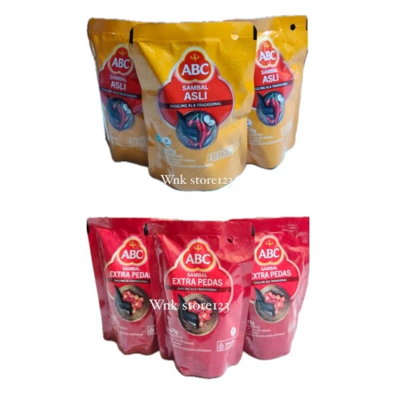 

Sambal ABC asli dan ekstra pedas kemasan pouch 75gram