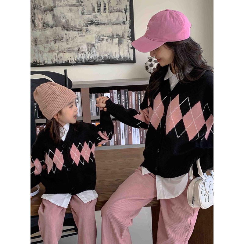 Phoebe Corduroy Pants, White Shirt, Argyle Cardigan Couple Mom & Kids | size 2-8y S M L | pakaian ba